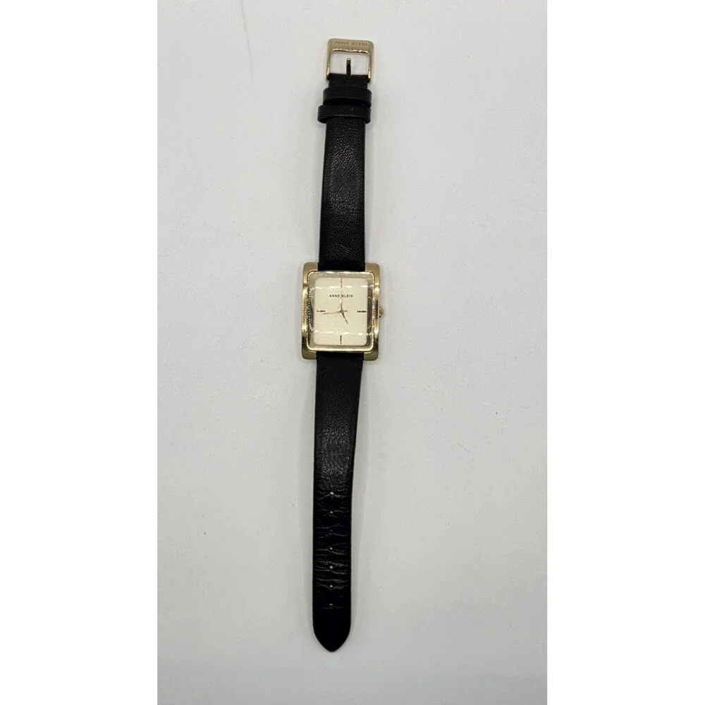 Anne Klein womens watch gold rectangle black leather strap AK/2706CHBK Untested